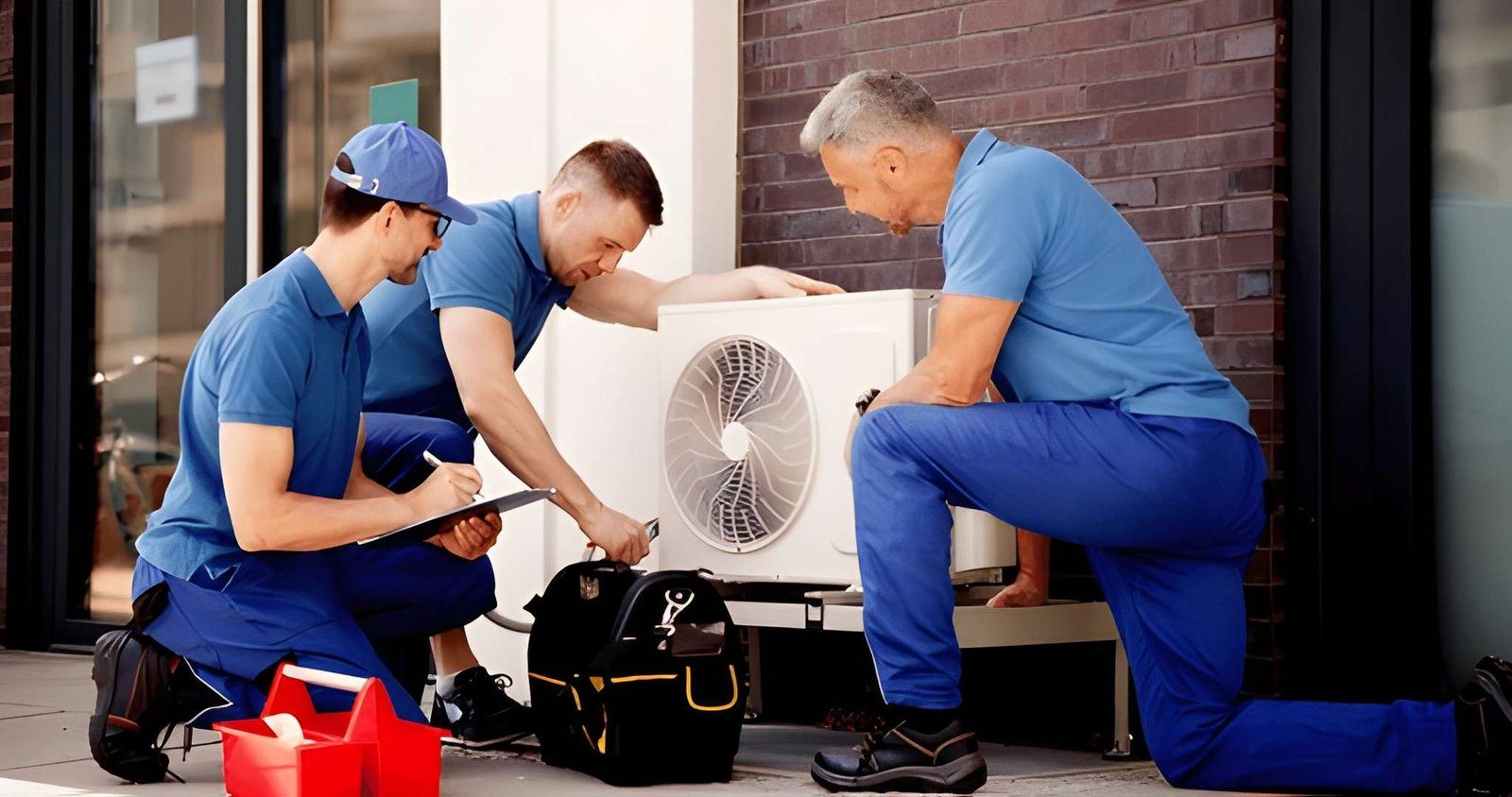 Three technicians in matching blue uniforms servicing an outdoor heat pump unit