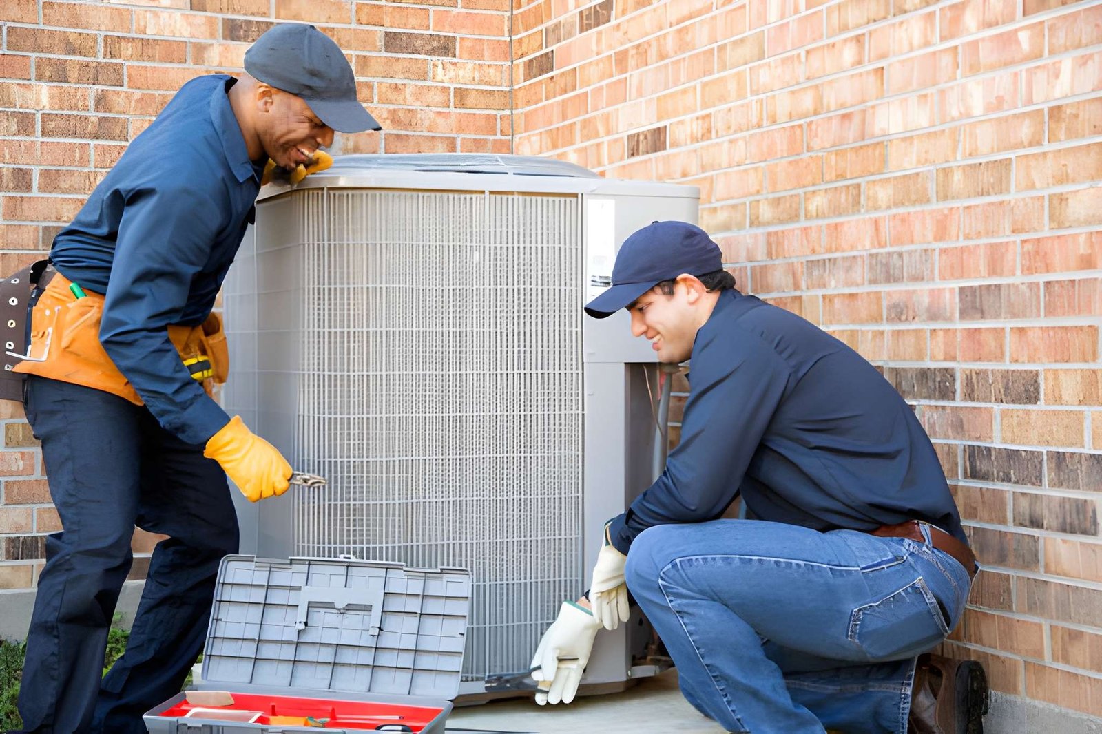 Two technicians servicing an outdoor air conditioner beside a brick wall