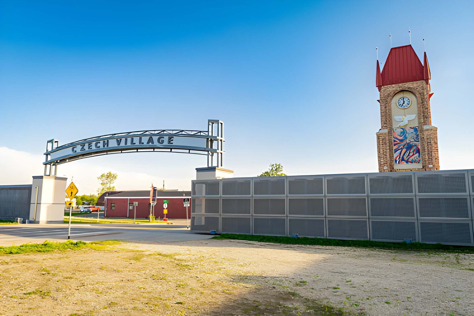 The Czech Village arch and clock tower in Cedar Rapids