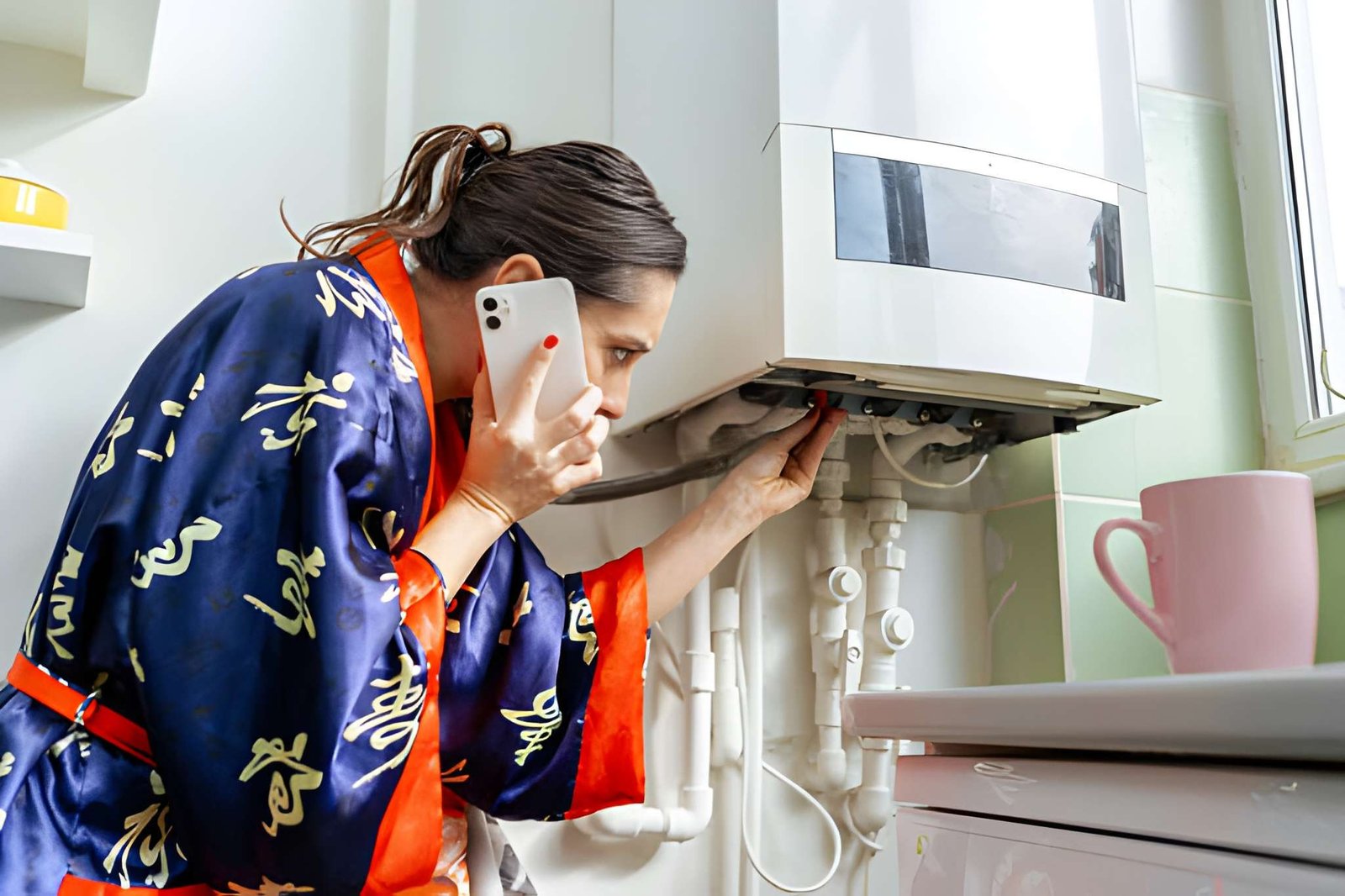 Homeowner on the phone checking a wall-mounted heating unit that has stopped working