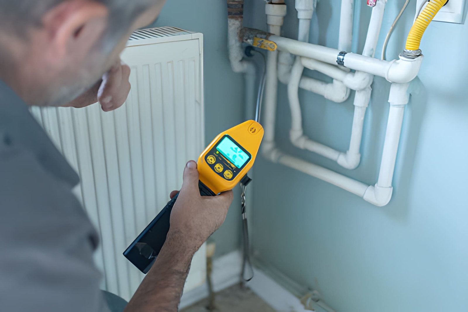 Technician using a handheld gas detector to check pipework