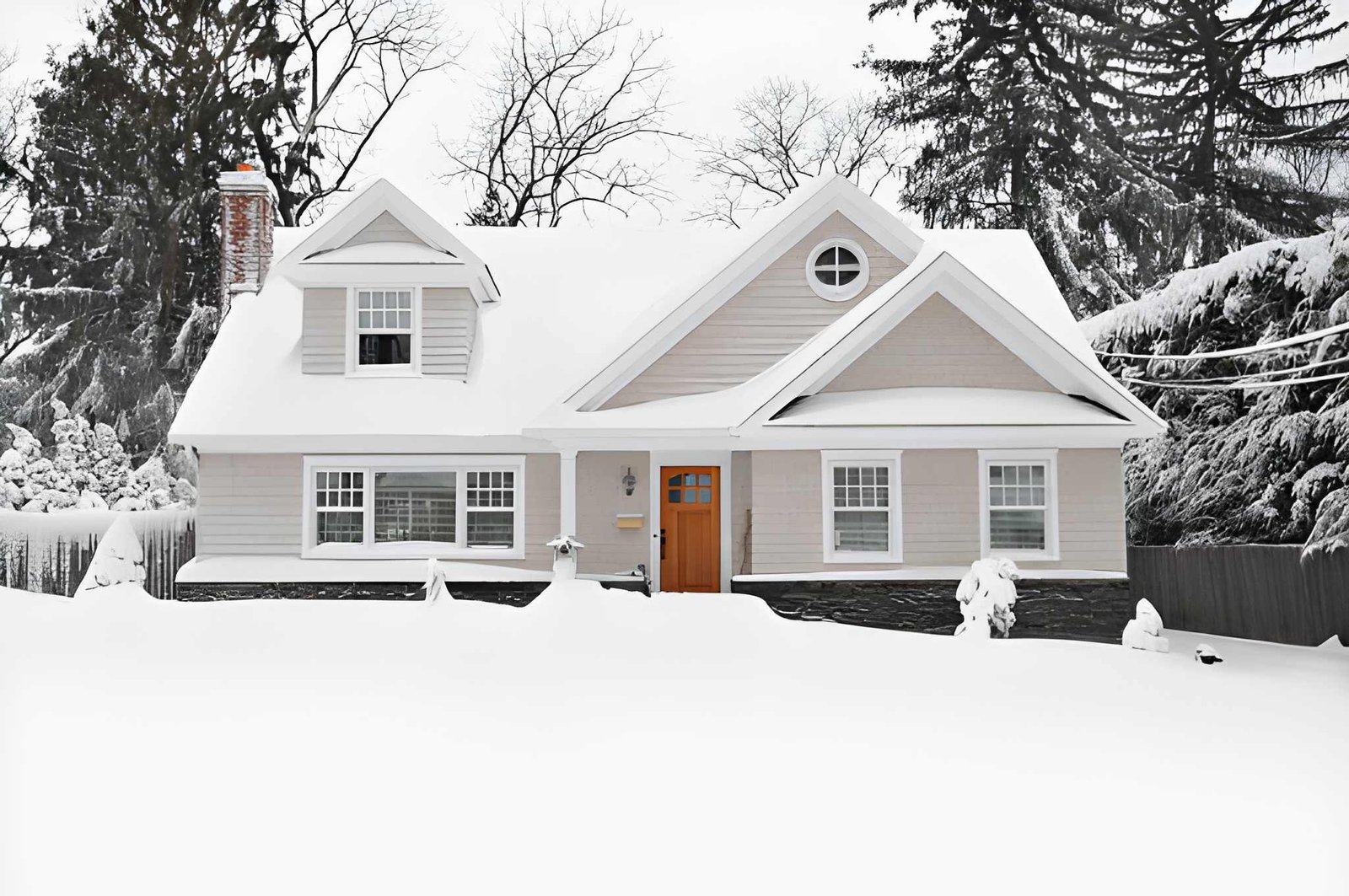 Tan siding home with an orange front door surrounded by deep snow