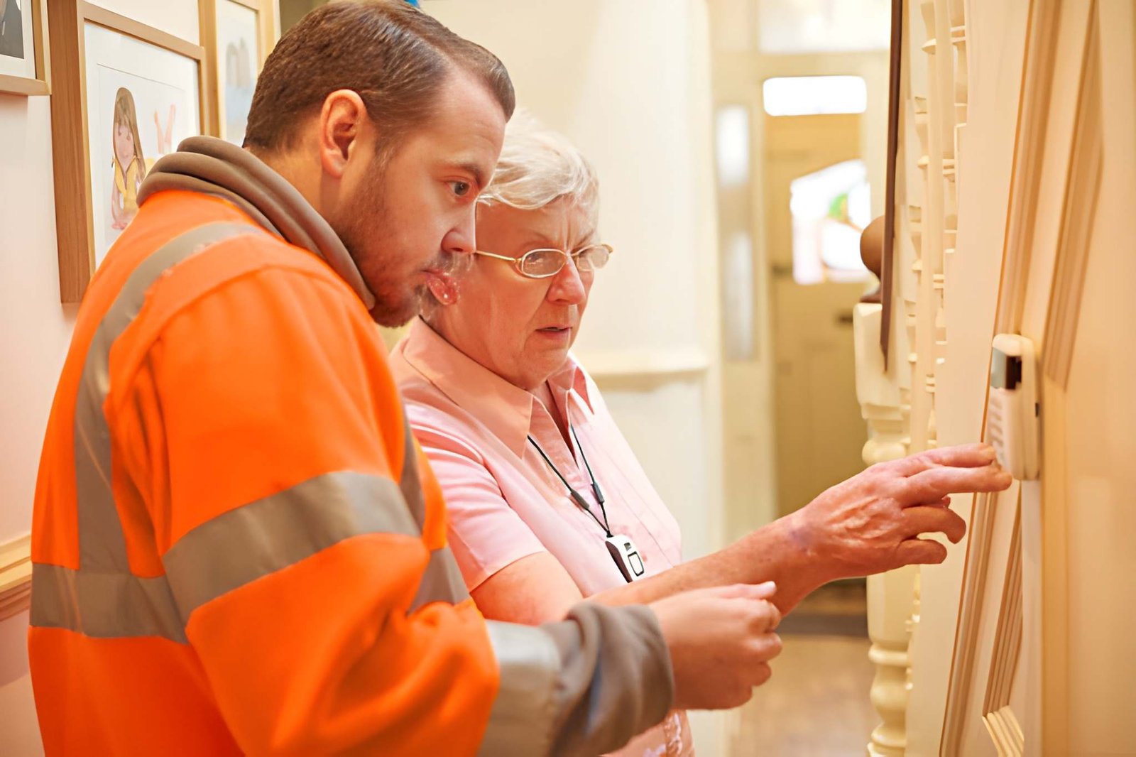 Technician showing a homeowner how to use a wall thermostat
